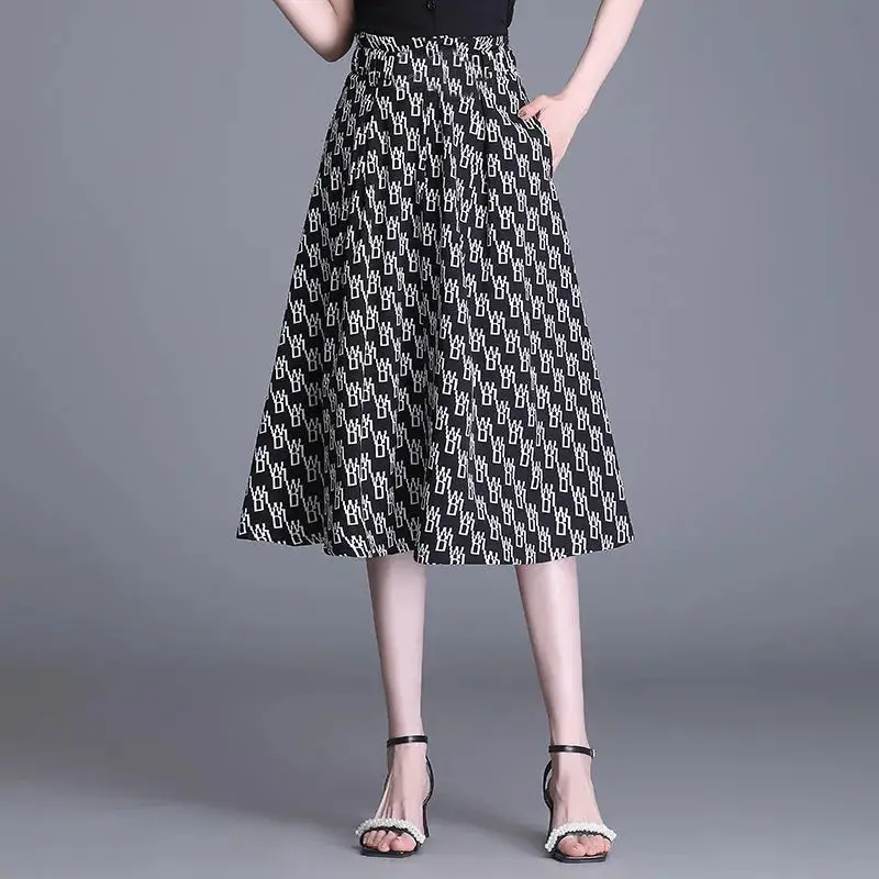 Summer New Fashion Simple Elegant High Waist Wide Leg Pants Women Print Letter Pockets Loose Casual Straight Thin Casual Skirts