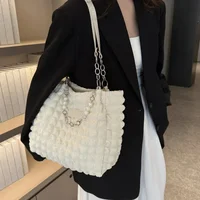 2025 Fashion Plaid Tote Bag for Women – Large Capacity Soft Fabric Shoulder Handbag with Beaded Chain, Stylish Commuter Purse for Ladies - Image 3