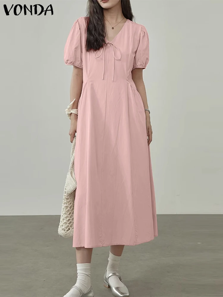 

2023 VONDA Summer Women Long Shirt Dress Sexy V-neck Short Sleeve Elegant Fashion Sundress Loose Casual Solid Color Vestido Robe