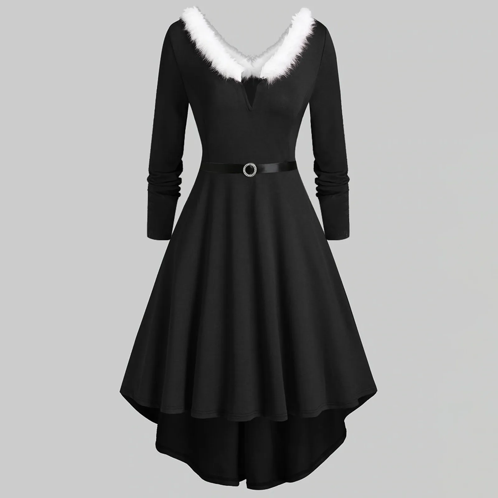 

Christmas Party Long Dress Women Sexy V-Neck Red Swing Dress Winter White Plush Trim Pleated Asymmetric Midi Dress Santa Costume