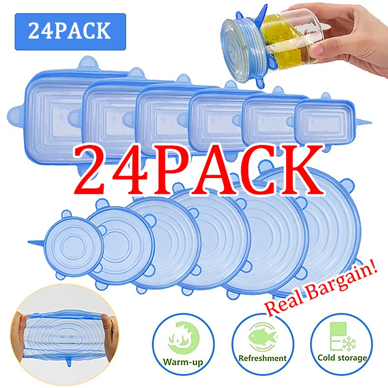 61224PCSFoodSiliconeCoverFreshkeepingStretchLidReusableAirtightCapWrapKitchen