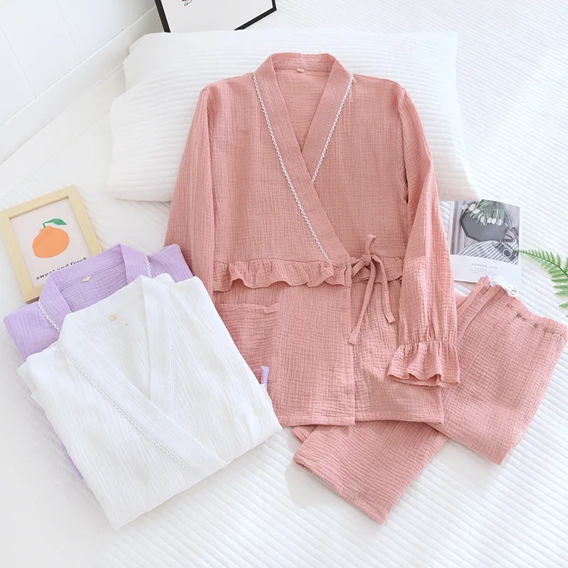 

PAJAMAS Women's Thin Maternity Gauze Sweat Absorbing Breathable Cotton Kimono Maternity Kimono Suit Sleep Tops Sleepwear