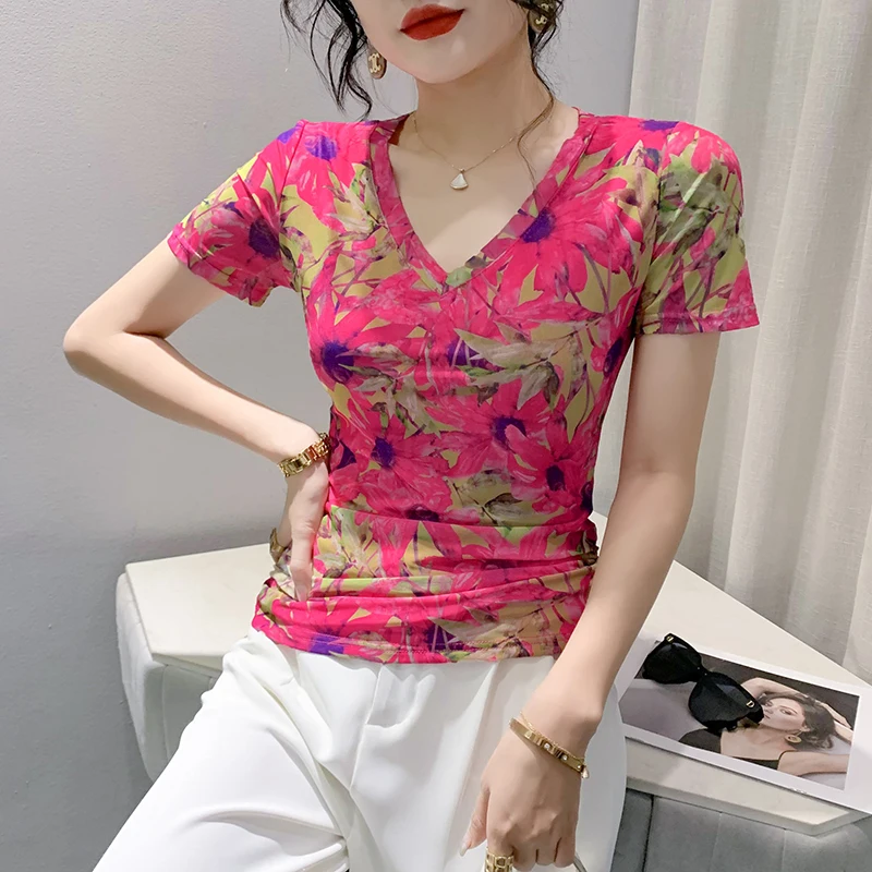 

2023 New Summer European Clothes Mesh T-Shirt Women Fashion Design Sexy V-Neck Print Color Blocking Tops Short Sleeve Tees 37004