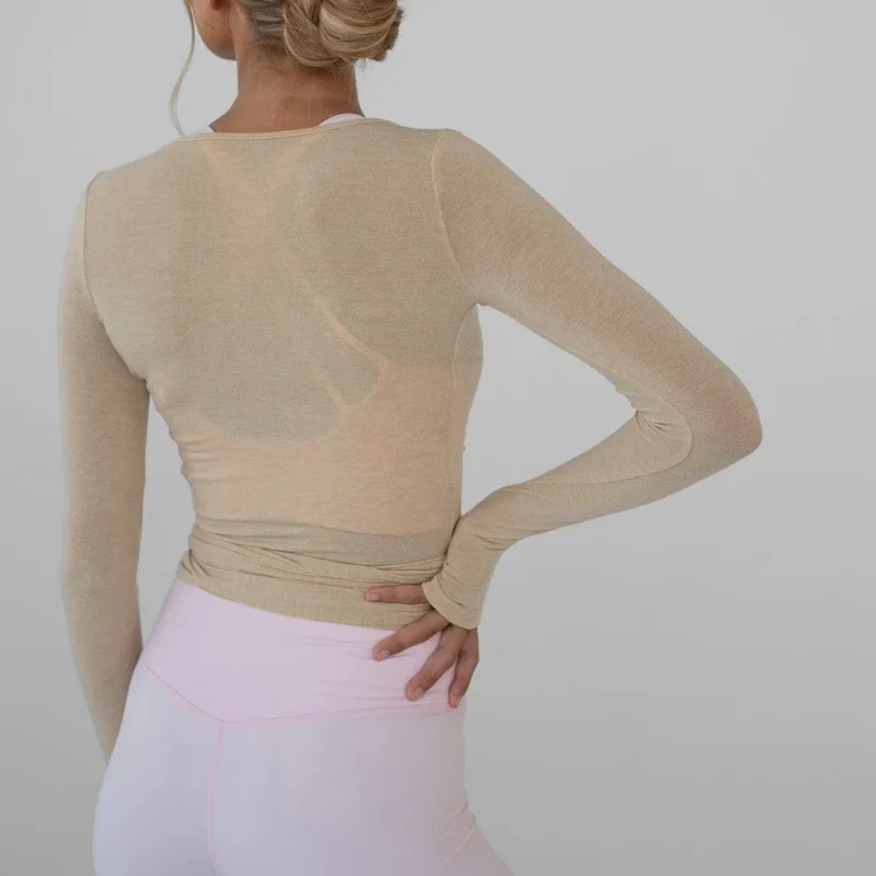 Women's Yoga Shirts Wrap Ruched Tie Front Long Sleeve Workout T Shirts Sexy Deep V Neck Slim Fit Casual Cropped Top 3