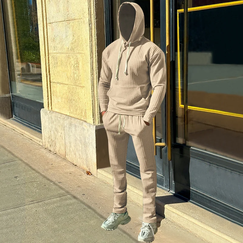 Men's Small Square Fabric Suits Autumn Splicing Kangaroo Pocket Hooded Sweatshirt Loose Waist Lace-up Pants Male Two-piece Sets