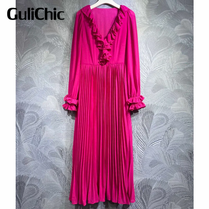 

10.9 GuliChic Women Temperament Elegant Solid Color V-Neck Ruffles High Waist Pleated Long Dress