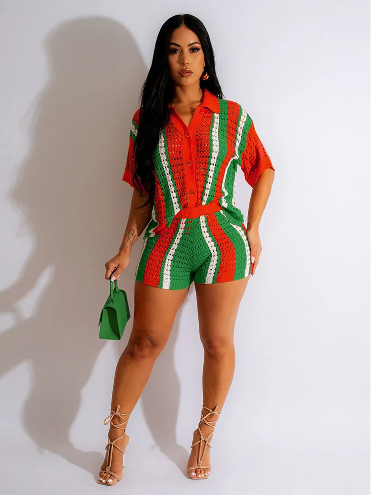 

Apprabant Women Clothing Knitted Shorts Suit Sexy Hollow Out See Through Contrast Color Turn Down Collar Modes Spice Girls Style