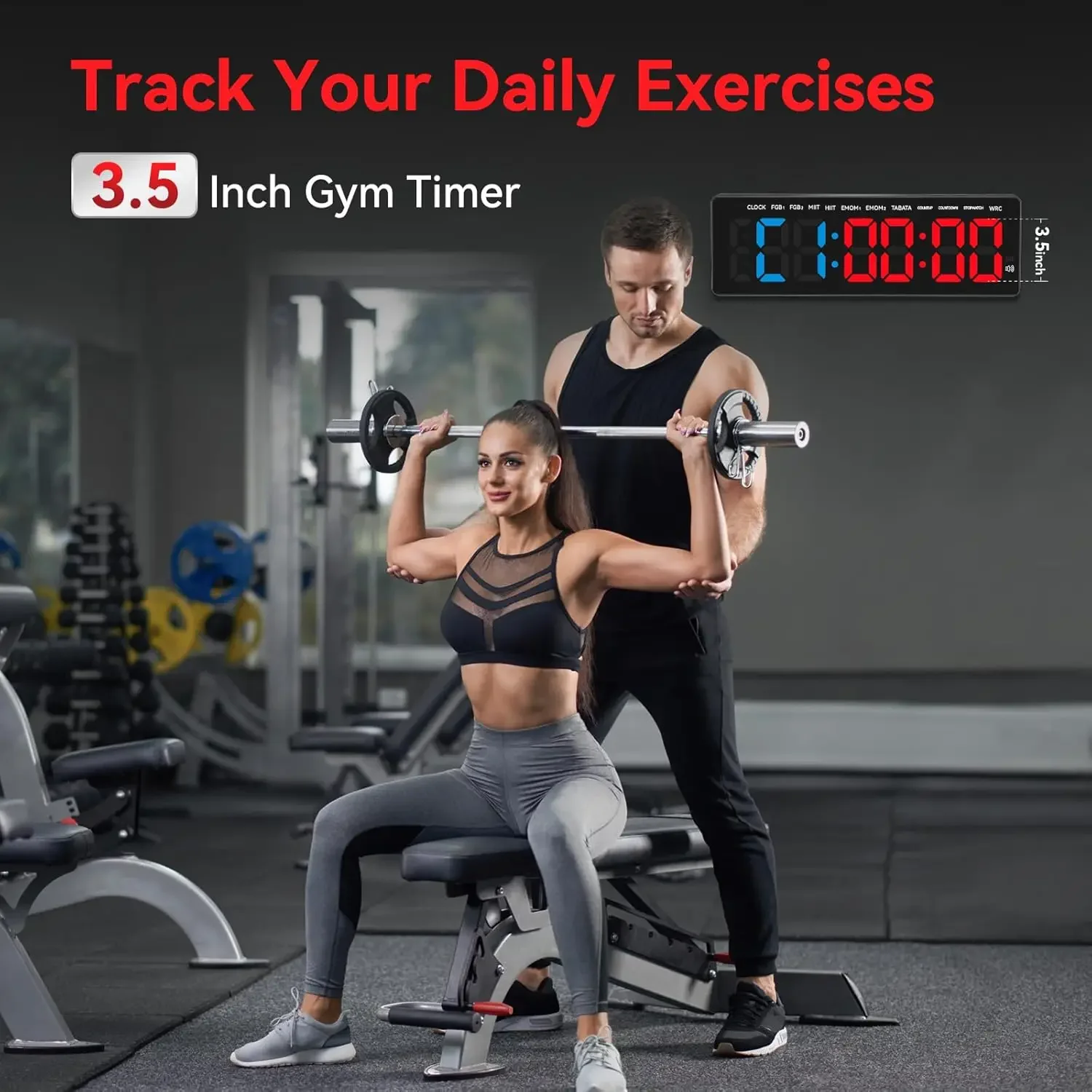 Gym Timer 3.5" Large LED Display Wall Clock Interval Workout Count Down & Up Stopwatch Digital for Fitness Home
