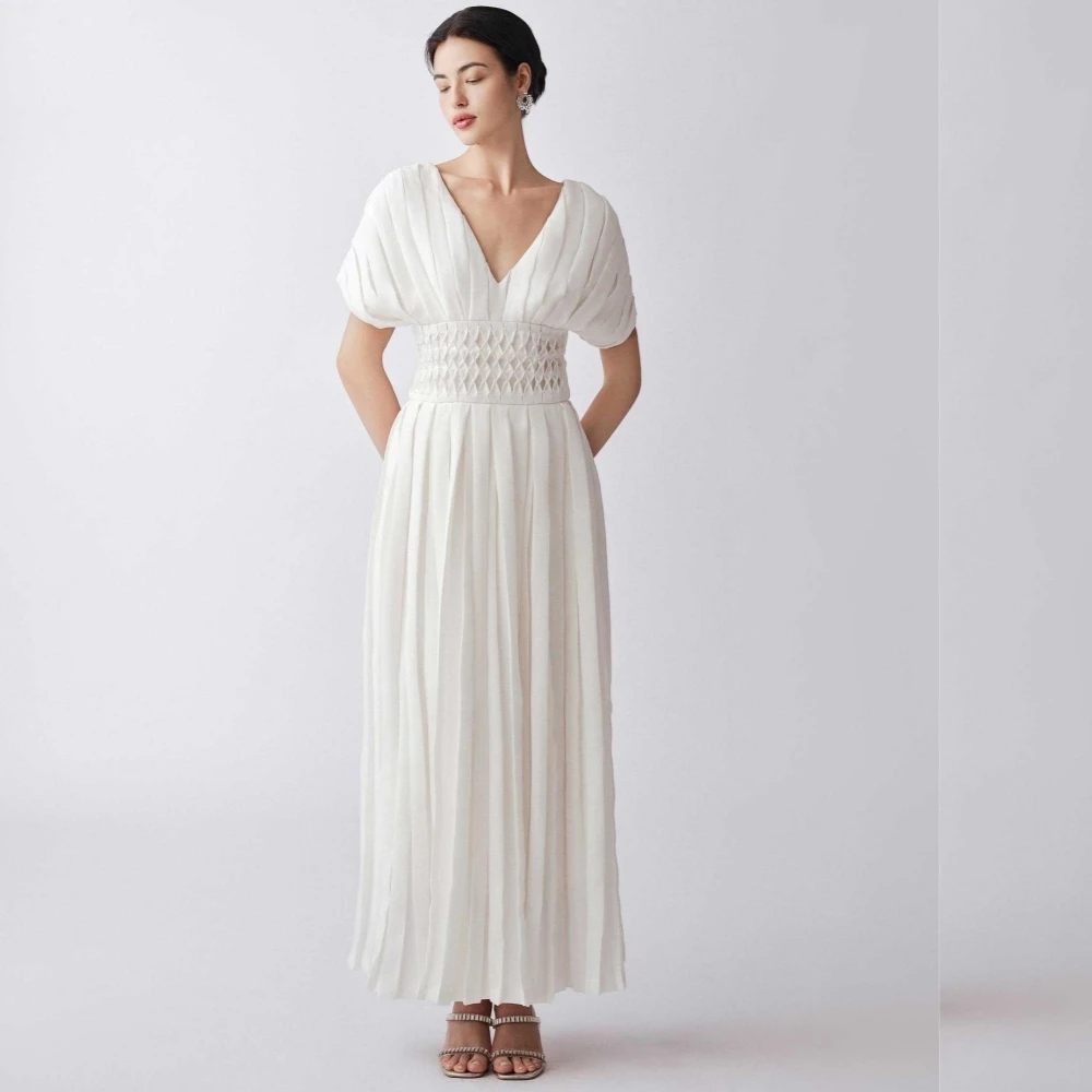Chiffon Pleat Formal Evening Straight V-Neck  Bespoke Occasion Gown Midi Dresses