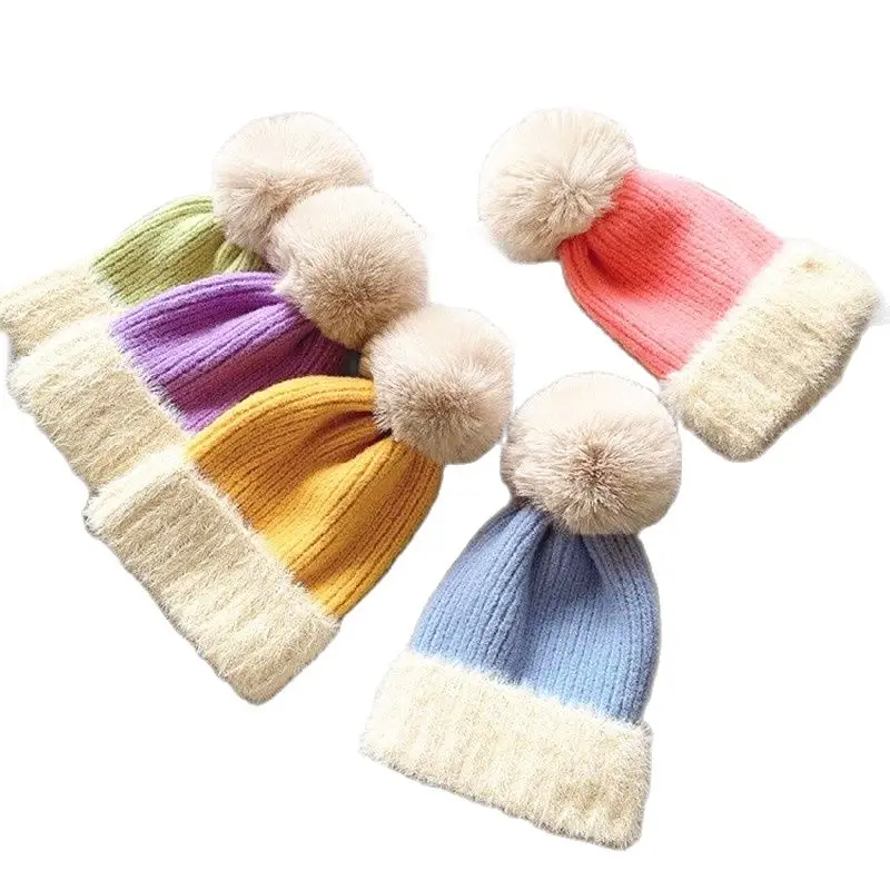 

Rabbit fur beanie cap Winter women's soft warm knitted hat Pom pom curlied hip hop patchwork skullies skiing skullcap