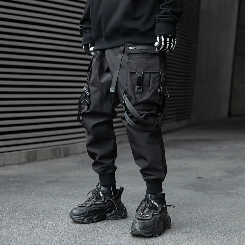 Hip Hop Tactical Cargo Pants Men Ribbons Joggers Trousers 2023 Spring Functional Elastic Waist Fahsion Streetwear Pant 5