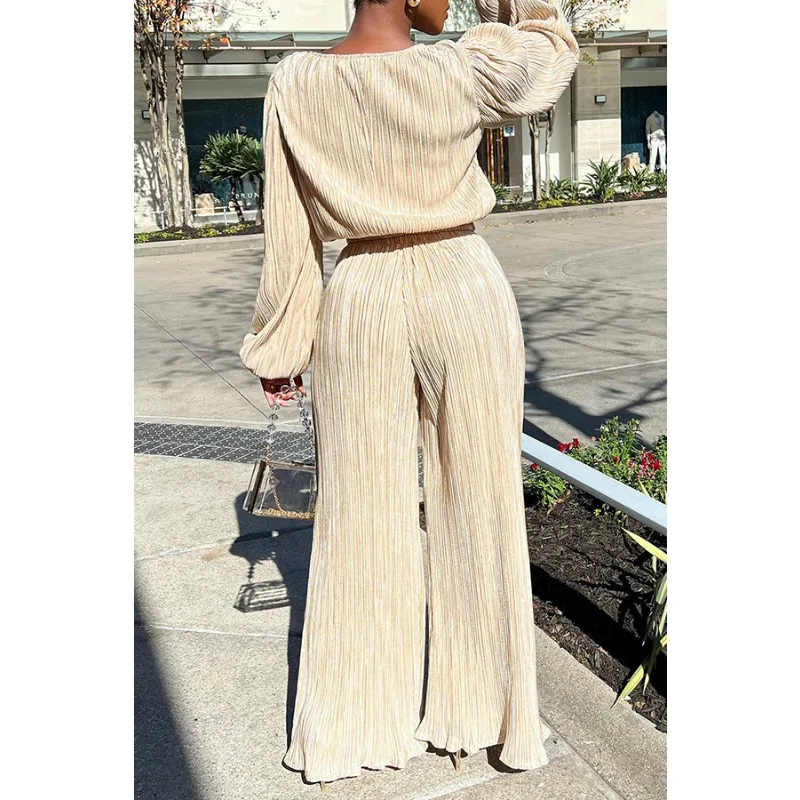 Casual Loose Pleated Two Piece Sets Women 2023 Autumn Soild High Strecth Long Sleeve Crew Neck Top Straight Pants Lounge Wear
