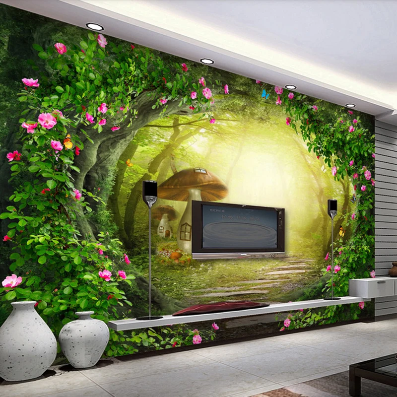 

Креативные обои для стен, цветы, лоза, гриб, дом, лес, живопись, гостиная, фон для телевизора, Настенный декор на заказ, большая роспись 3D