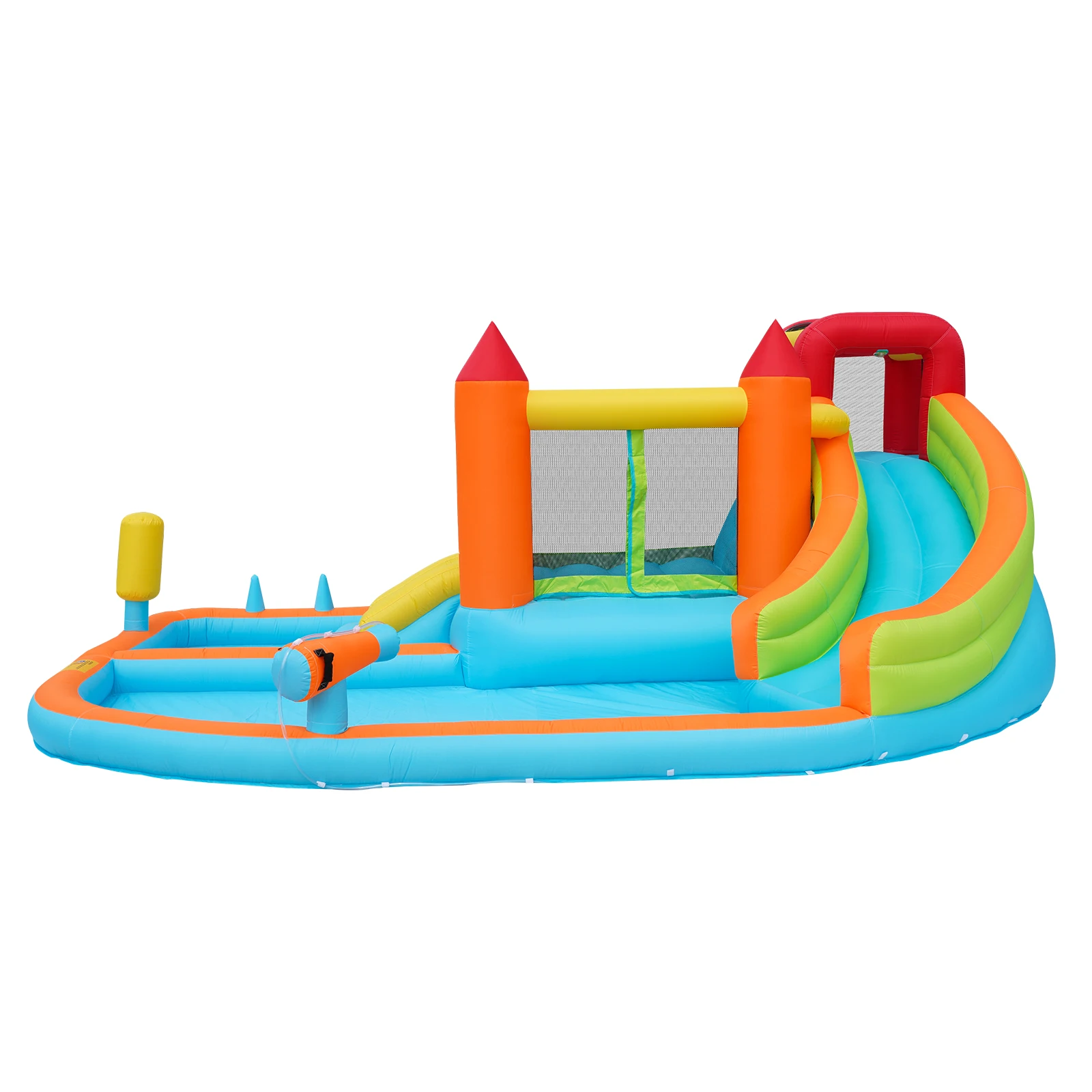 Multifunktionales aufblasbares Outdoor-Hüpfhaus mit Gebläse, Wasserrutsche, Trampolin, Basketballkorb und 2 Poolbereichen für trockene Nutzung. – Detail 13