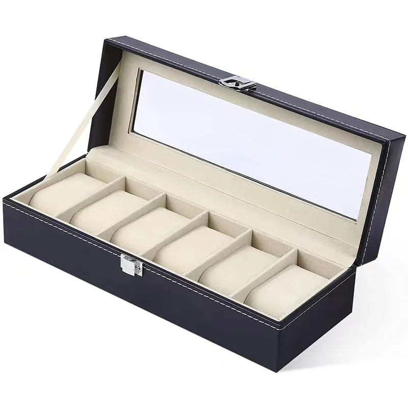 6 Slot PU Leather Watch Box Display Case Jewelry Organizer with Glass Top watch storage box
