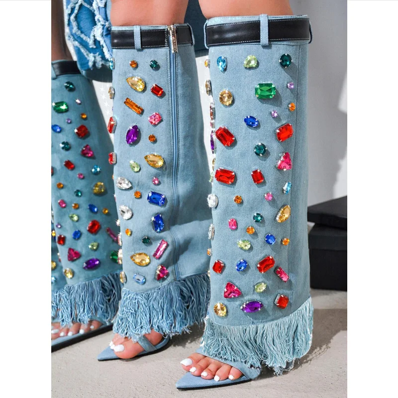 

Summer Peep Toe Denim Boots Colours Crystal Fringe Thin Heels Women's Knee High Boots Runway Stilettos Nightclub Women Shoes