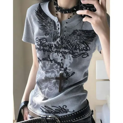 HOUZHOU Harajuku Gothic Print T-shirt Women Vintage Japanese Style Gray Graphic T-shirts Grunge Y2k Punk Slim Short Sleeve Tees - Image 4