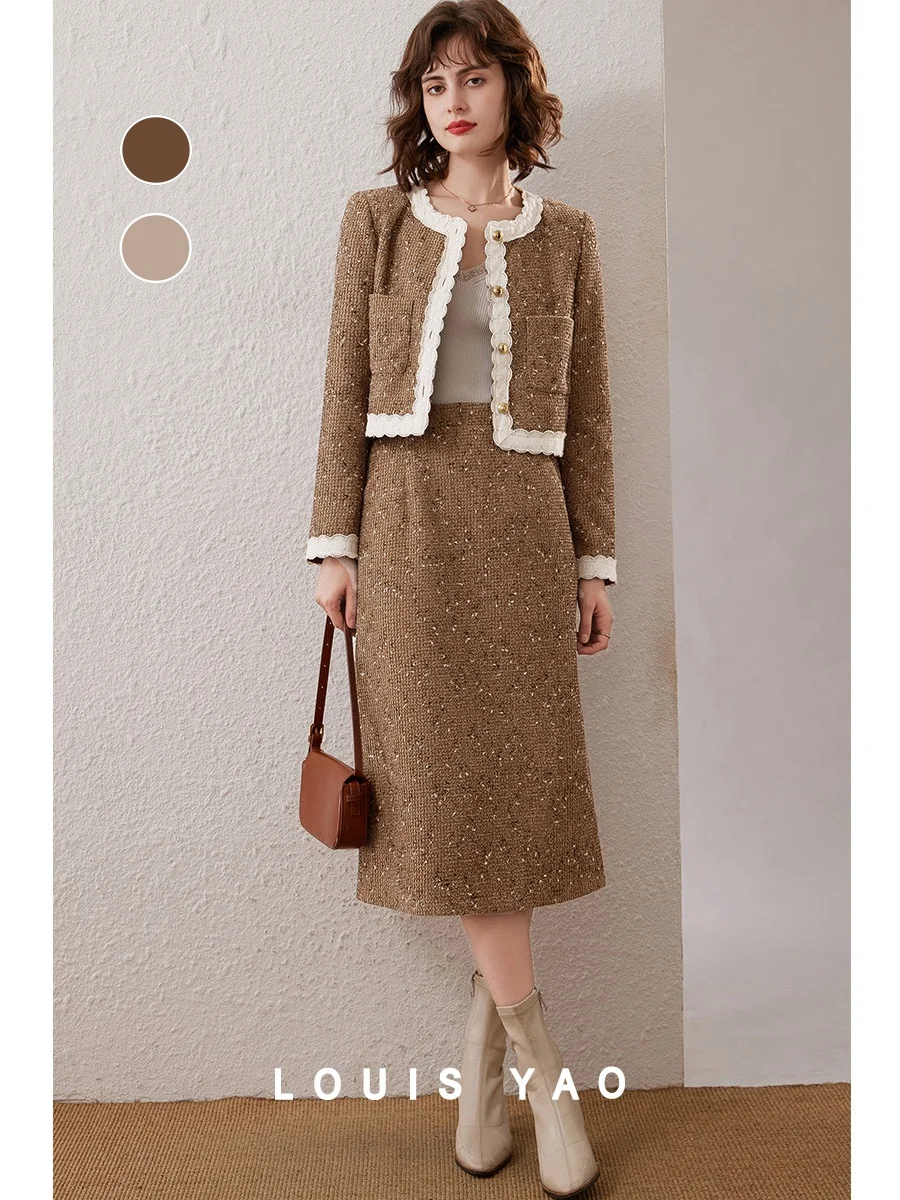 LOUIS YAO Women Two-Piece Set 2023 Winter New Arrival Elegant Fashionable Round Neck Lace Jacket Half-Skirt Women's Suit