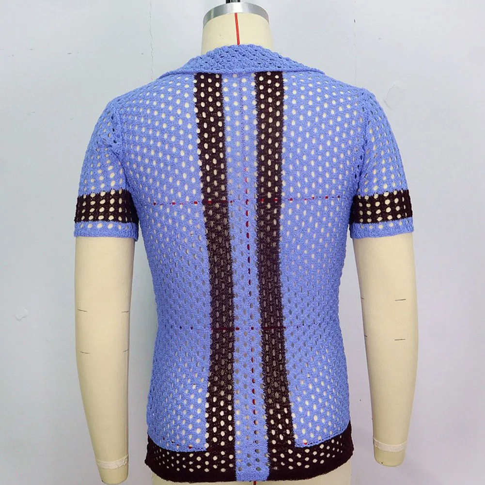 

Men Shirt 60%Viscose+40%Polyester Blue Breathable Casual Hollow Out Hort Sleeve Knitted Shirt Lapel Comfortable