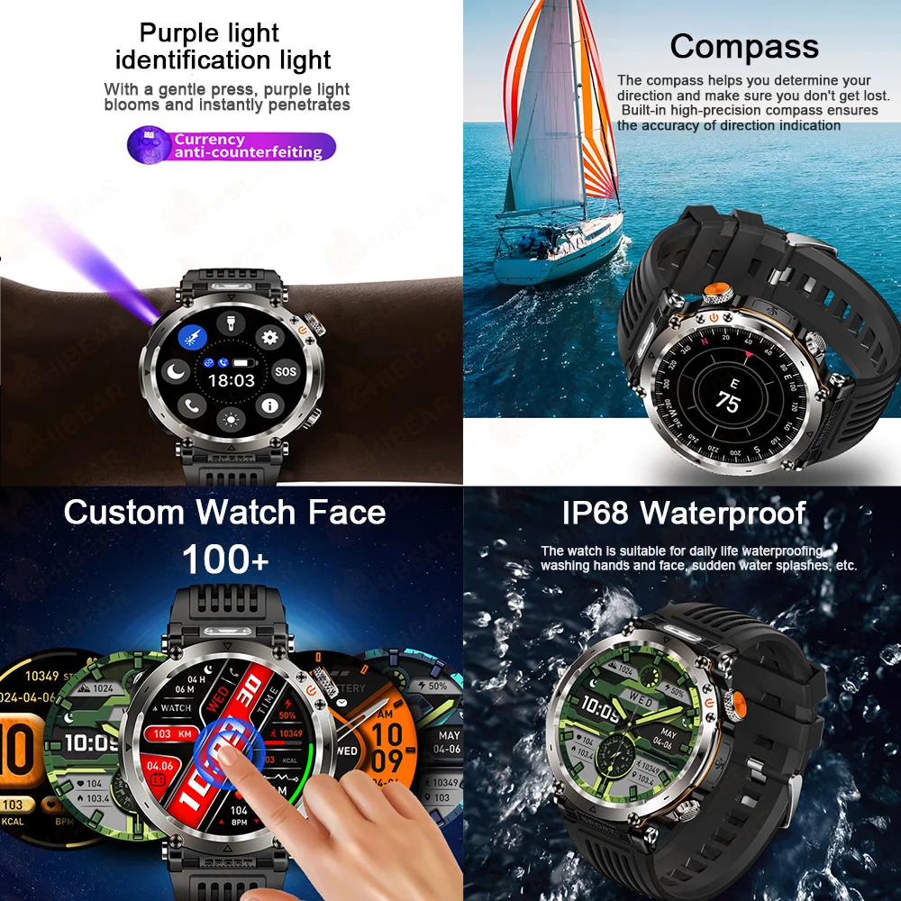 5ATM Waterproof Smart Watch Men 600mAh Outdoor SmartWatch GPS Compass Heart rate LED Flashlight Bluetooth Call Sports Smartwatch