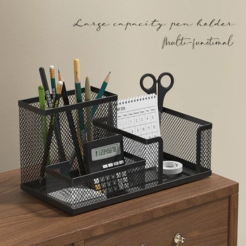 Mesh Desk Organizer Office Supplies Caddy with Pencil Holder and Storage Baskets for Desktop Accessories, 3 Compartments, Black 2
