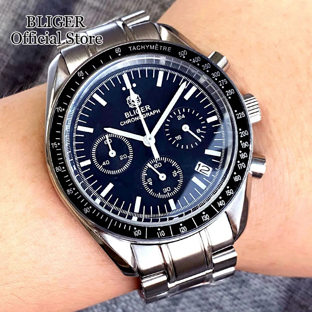 Bliger Luxury 40Mm Speed Chronograph Orologio Al Quarzo Per Uomo Vk63 Movement Black Green Dial Automatic Date Bracciale In Acciaio Inossidabile