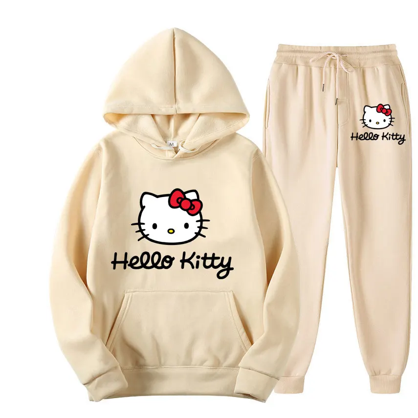 Hello Kitty Cartoon Anime Women Sweatshirt Sweatpants Set Fashion Men Pullover Pants Suit Spring Autumn Couple Hoodie Pant Sets 2