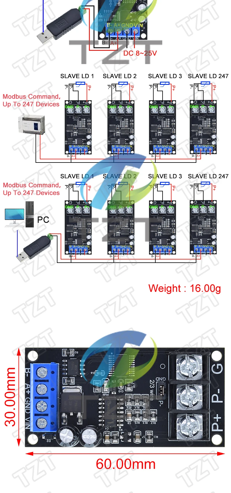 TZT PT100 Platin Thermowiderstand RTD Temperatursensoren Sender RS485 MODUBS RTU Modul – Detail 3