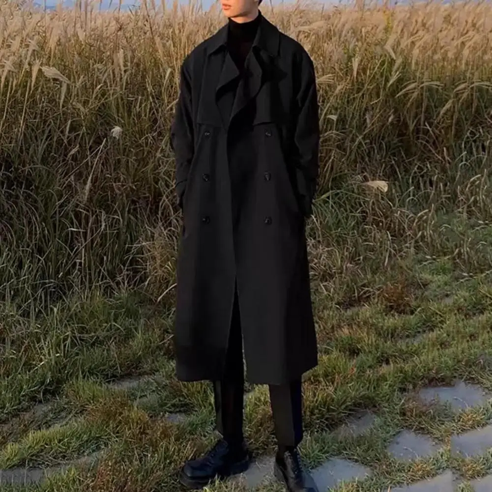 Men Windbreaker Coat Lapel Long Sleeve Double Breasted Trench Coat with Pockets Solid Color Loose Fit Autumn Winter Mid-length O