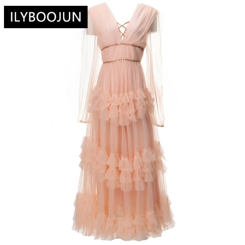 

Designer Autumn Mesh Long Dress Women V-Neck Lantern Sleeve Sequins Beading Elegant Party Dresses For Women 2023 Luxury Brand