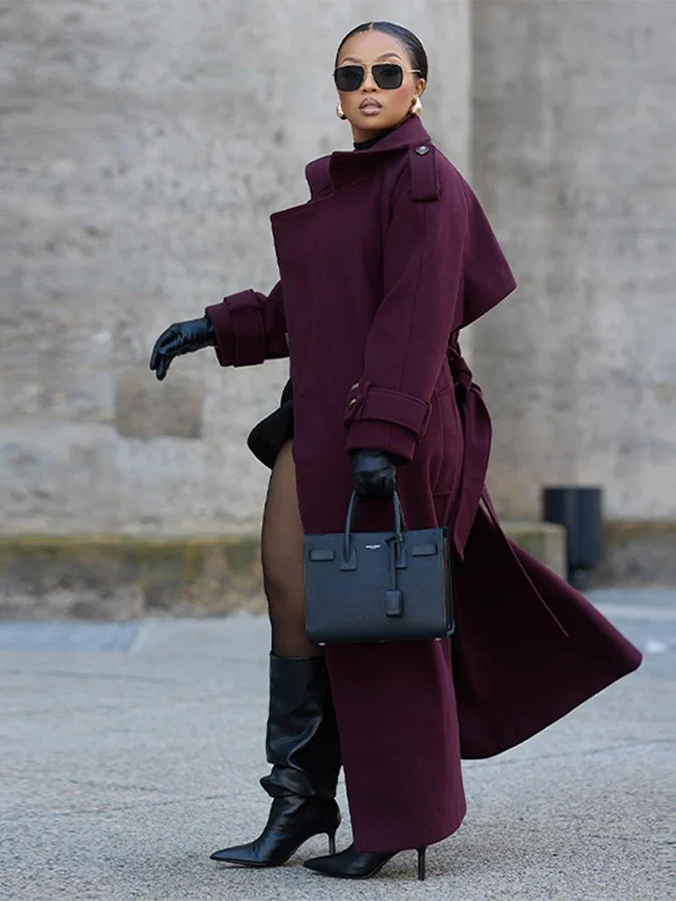Elegant Burgundy Woolen Coat With Belt Women Lapel Full Sleeve Double Breasted Lady Overcoat 2024 Autumn Winter Female Outwear 3
