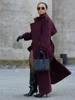 Elegant Burgundy Woolen Coat With Belt Women Lapel Full Sleeve Double Breasted Lady Overcoat 2024 Autumn Winter Female Outwear 3