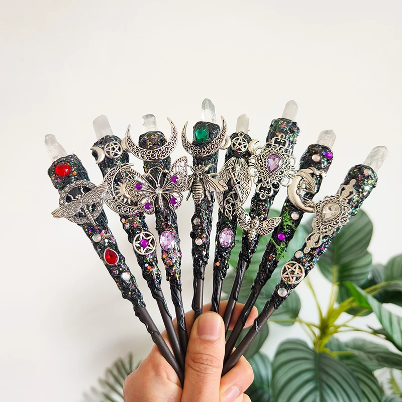 

Witch Wand Energy Crystal Quartz Butterfly Moth Dragon Triple Moon Pentagram Dragonfly Power Scepter Wand Altar Adornment Wicca