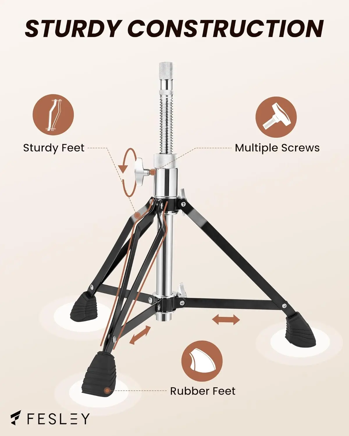 Fesley Adjustable Drum Throne Stool - Padded Seat, Anti-Slip Feet, Height Adjustable For Beginner & Adult Drummers