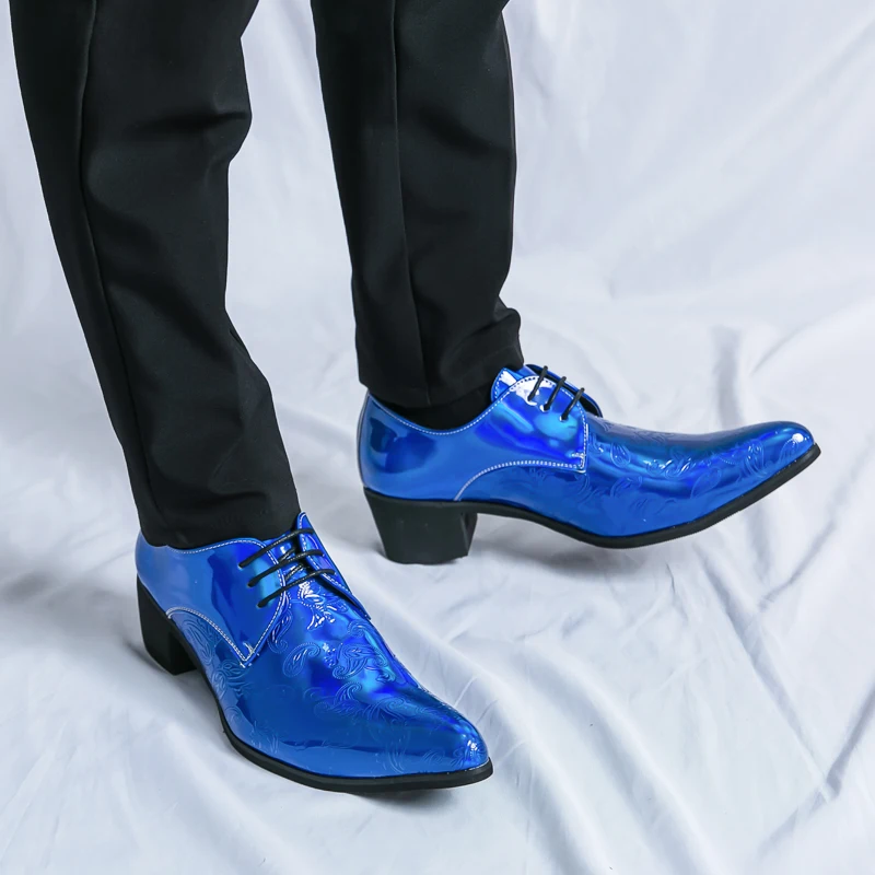 HKDQ Blue High-heeled Shoes For Men High Quality Pointed Toe Italian Luxury Men's Shoes Fashion Lace-up Leather Dress Man