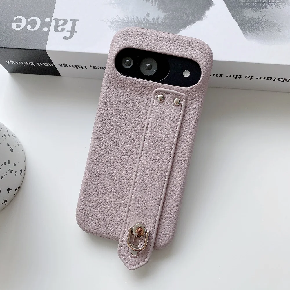 Lichee Pattern Leather Phone Case with Wrist Strap and Bracket - Protective Back Cover