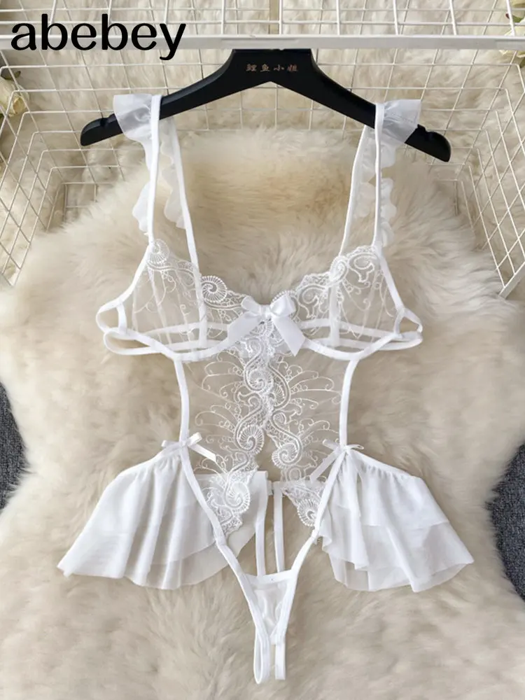 

Erotic Women Sheer Lace Bodysuits Underwear Hollow Out One Piece Slim Rompers Chain Open crotch Short Sexy Playsuits