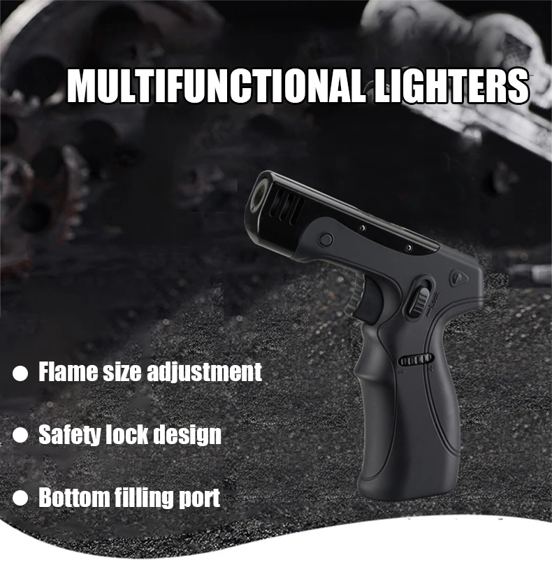 Description Picture 2 of item1300C Torch Kitchen Gun Turbo Windproof Cigar Bbq Camping Lighter With Adjustable Blue Flame Size Safety Lock Powerful Gadgets