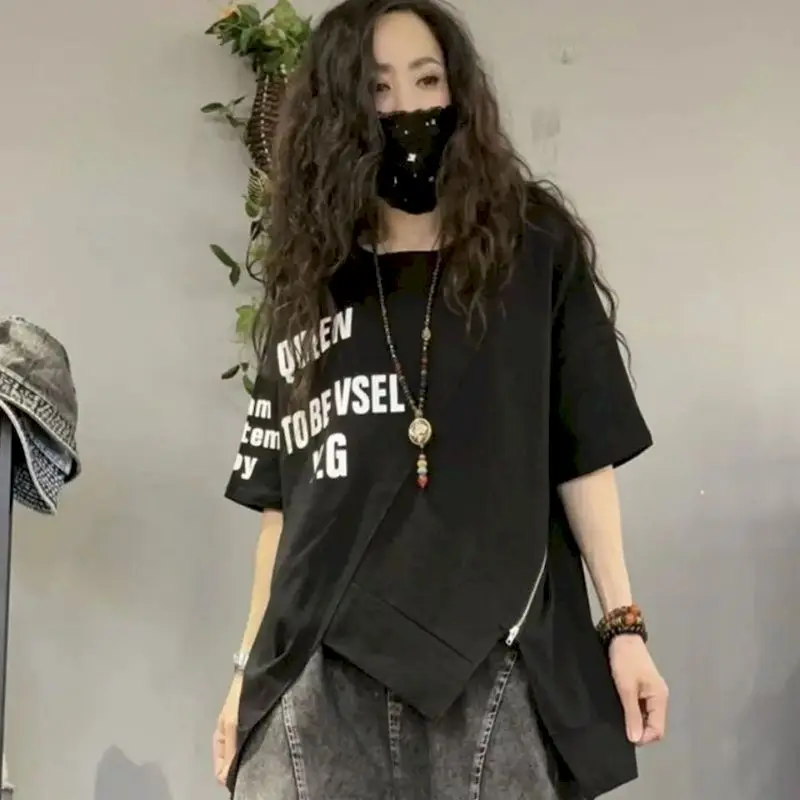 Summer Trend T-shirts Women Fashion Letter Print Zipper