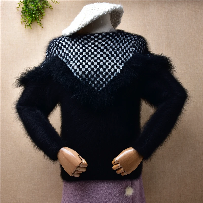 

Elegant Fashion Female Women Fall Winter Black Hairy Angora Rabbit Hair Knitted Long Sleeves Slim Blouses Pullover Sweater Pull