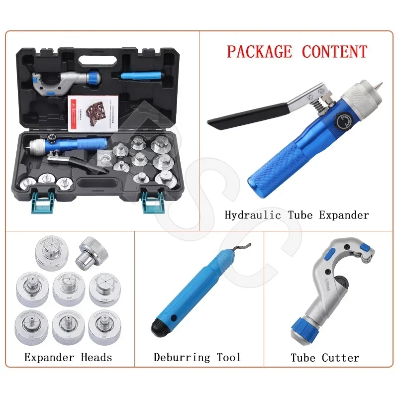 HVAC Hydraulic Swaging Tool Kit Manual Copper Alumimum Pipe Expanding Machine 11 Heads Tube Expander 3/8 To 1-5/8in CT/VG-300A 3