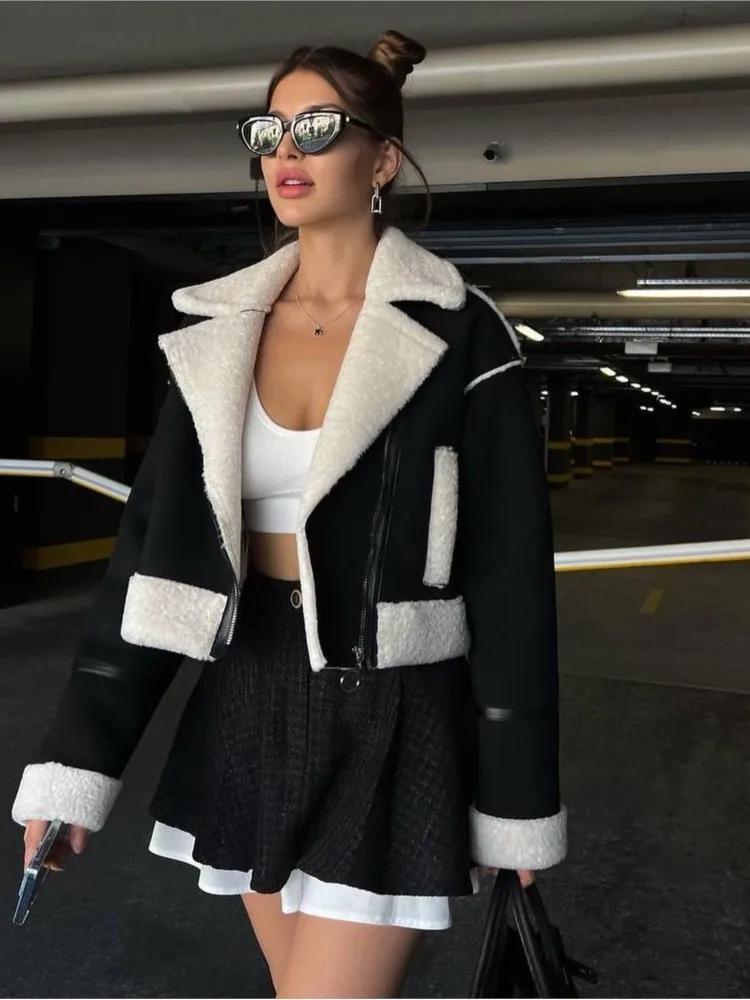

Fashion Solid Patchwork Short Jacket Women Elegant Lapel Zipper With Pocket Coat 2023 Winter Ladies High Street Thick Outwear