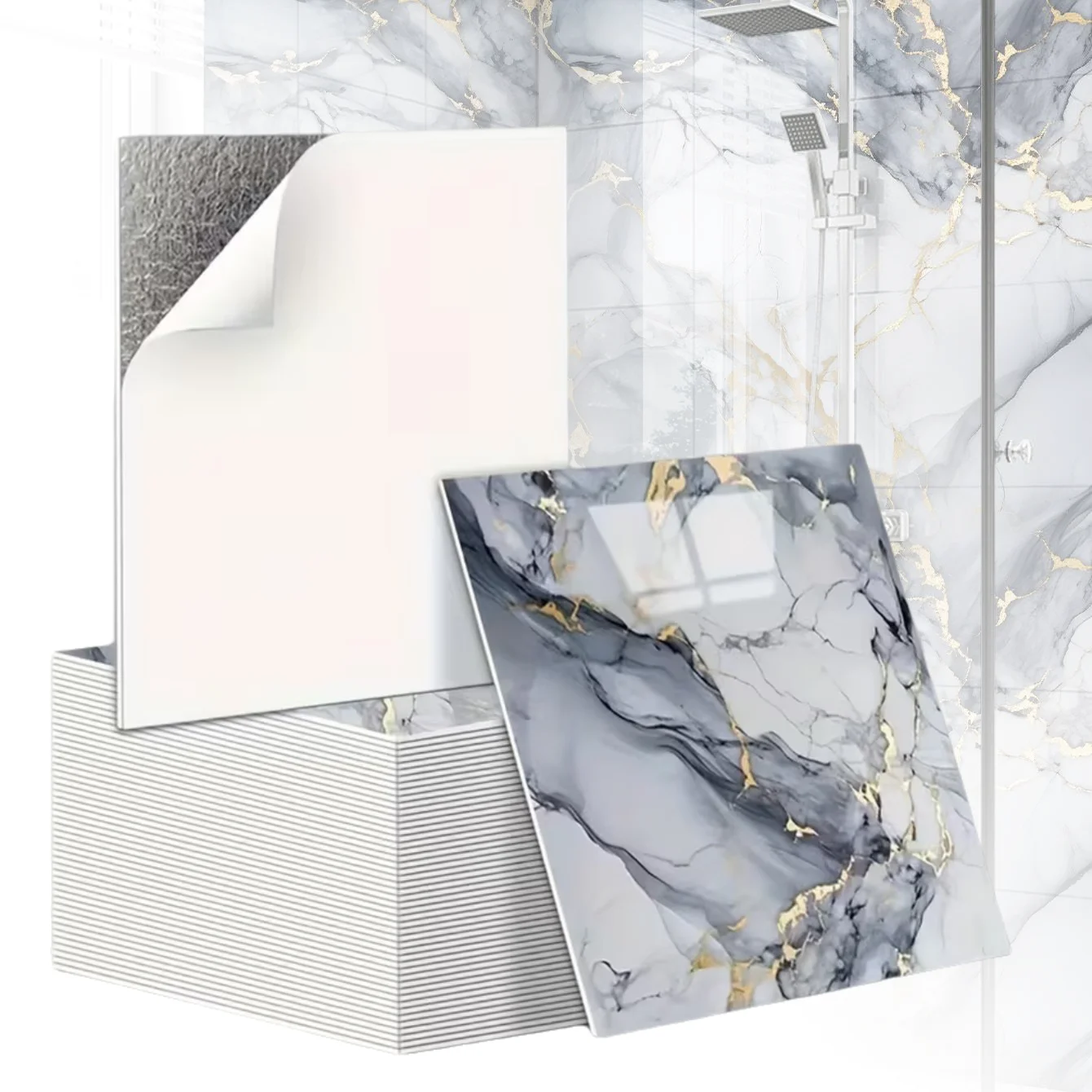 Waterproof Marble Effect Tile Stickers for Bathroom Kitchen Wall