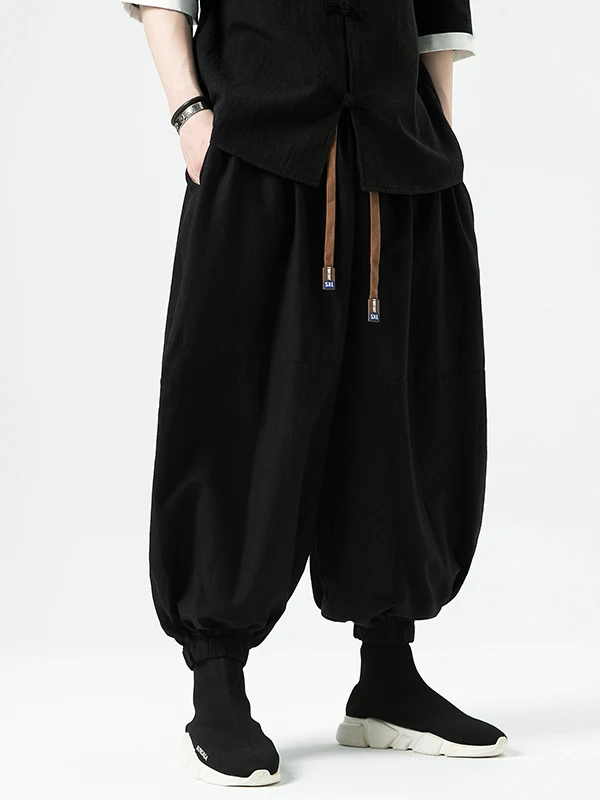 Loose Wide Leg Cotton Linen Men's Lantern Pants Breathable Summer Casual Trousers Harlan Long Pants Middle High Waist