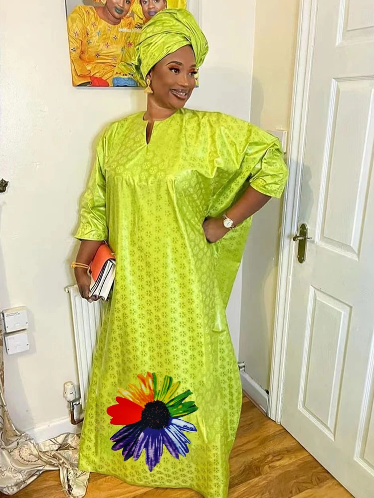 Green Large Size Bazin Riche Femme 2022 Latest Daily Party Clothing Evening Gowns African Dashiki Robe Bazin Long Dresses 2022 african clothing for men ankara shirts and print pants set wax batik attire dashiki men tracksuit wear afripride a1916050