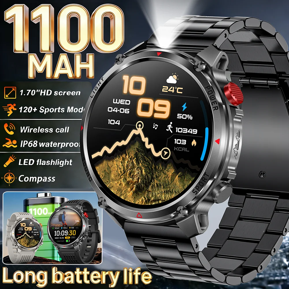 2026 New Fashion Luxury 1100mAh Battery 1.7-inch HD Screen Compass Wireless Call Flashlight 100+Sports Outdoor Sports smart 1
