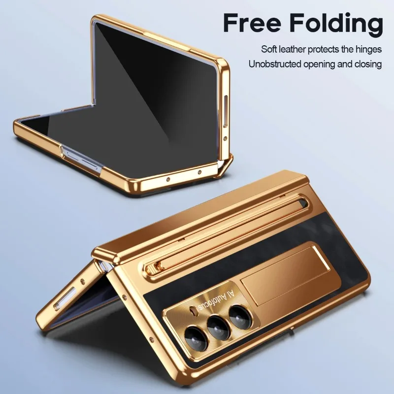 Premium Electroplated Matte Leather Hinge Case with Pen Slot and Touch Pen Holder