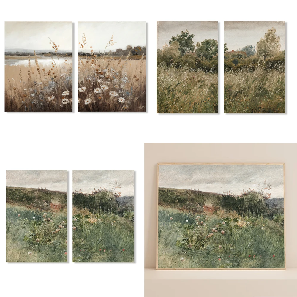 Vintage Wildflower Meadow Oil Painting Canvas Poster - Farmhouse Wall Art Decor
