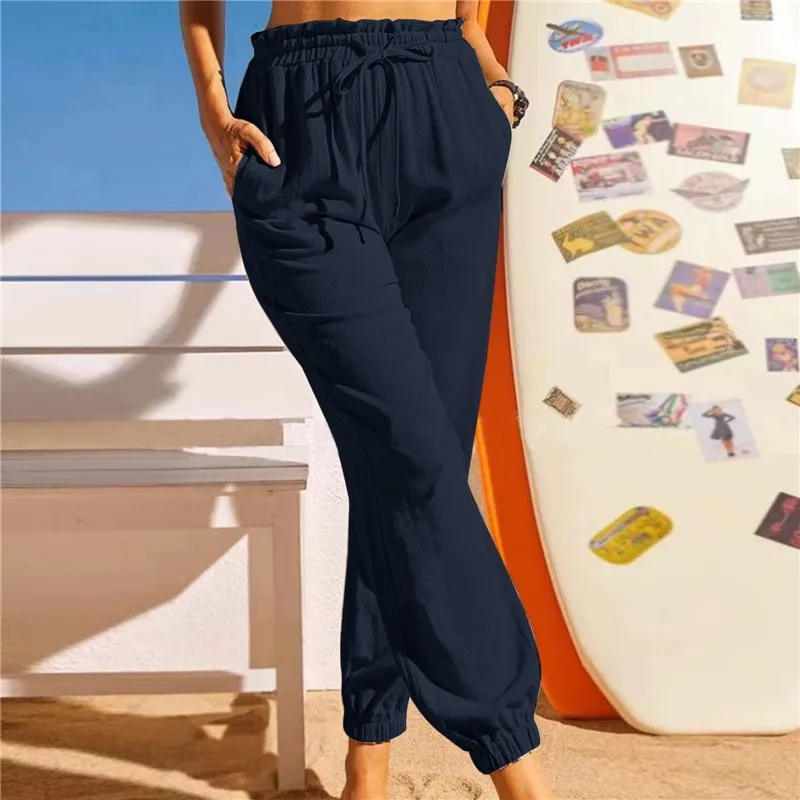 Womens Spring Summer Pants Cotton Linen Solid Elastic Waist Trousers Soft High Quality for Female Ladys S-XXXL Sweatpants Women