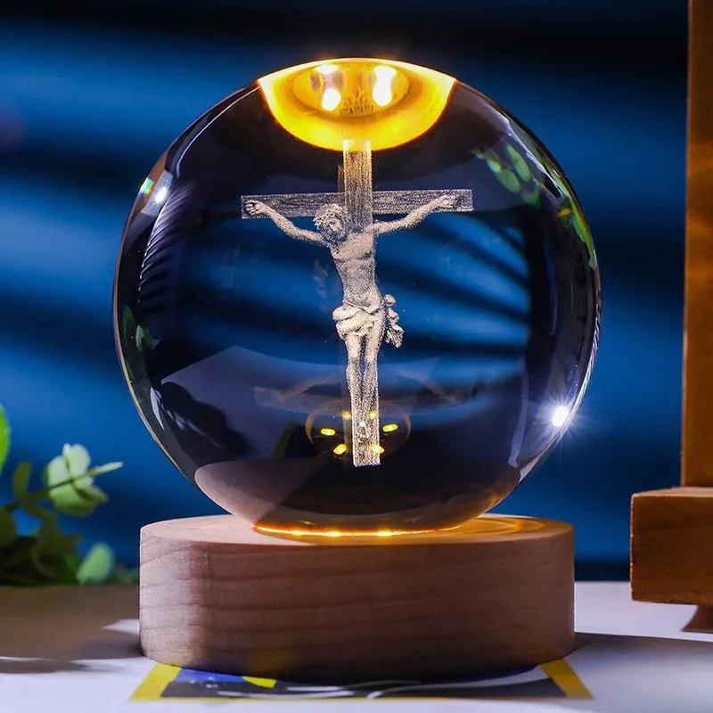 Unique Jesus 3D Crystal Ball Night Light with Wooden LED Base, Creative 3D Carved Crystal Ball Wholesale Craft Gift, Perfect for 6